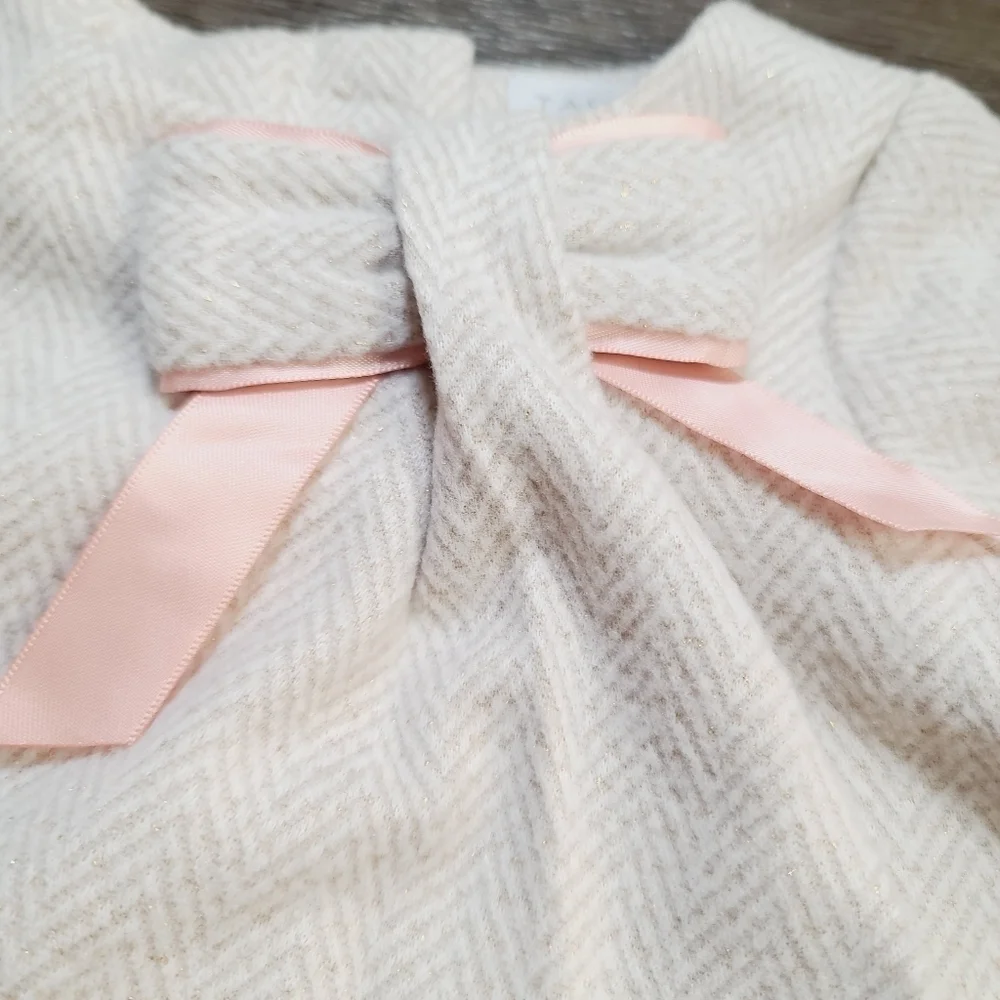 Tahari Beige Neutral Herringbone Bow Couture Baby Dress 3-6 Months